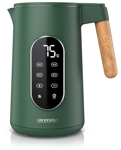 Arendo - Edelstahl Wasserkocher mit Temperatureinstellung 40-100°C - Doppelwand Design Cool Touch - Display im Gehäuse - Kabellos - 2200 W - 1,7L – Überhitzungsschutz – Warmhaltefunktion - BPA-frei