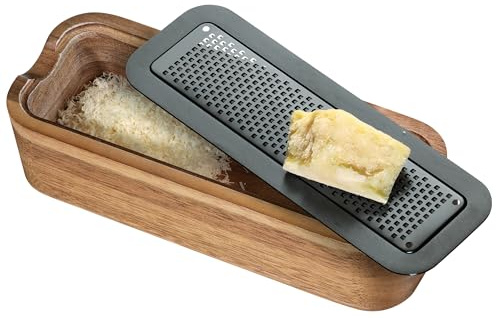 Zassenhaus Käsereibe mit Auffangbehälter, rasiermesserscharfe Edelstahl-Reibefläche, titan-beschichtet, Akazienholz, 20,3 x 7,7 x 5 cm, auch für Nüsse und Schokolade