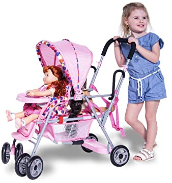 Joovy Toy Caboose Baby Doll Stroller Featuring Reclining Front Seat, Adjustable Footrest, Storage Basket, Extendable Canopy, and Snack Tray - Holds 3 Dolls (Pink Dot)