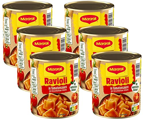 MAGGI Ravioli in Tomatensauce, Teigtaschen gefüllt mit würzigem Fleisch, in fruchtiger Tomatensauce, leckeres Fertiggericht, ideal für Camping, 6er Pack (6 x 800g)