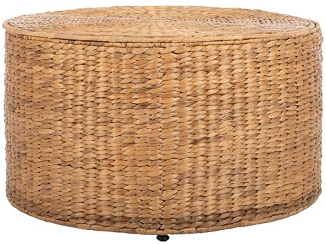 SAFAVIEH Home Collection – Jesse Natural Wicker Storage Round Coffee Table, Fully Assembled, Handwoven Rattan with Lift-Off Lid & Cotton-Lined Interior, Decorative Living Room Accent (SEA7034A)