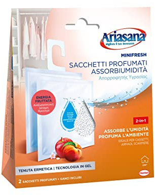 Ariasana Minifresh Energia Fruttata Sacchetti profumati 2in1, Sacchetti con doppia azione assorbiumidità e antiodore, Deodorante cassetti e armadi, 2 sacchetti da 50g