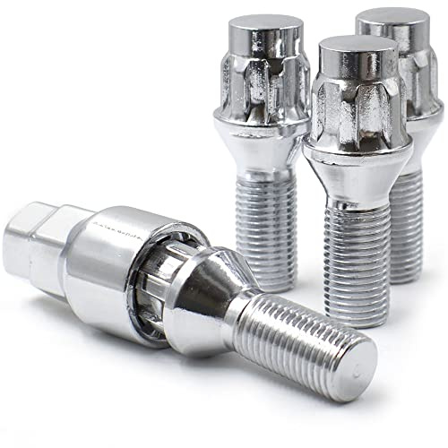 Wheel Accessories Parts 4 Locks + Key M14 x 1.5 Thread Acorn Seat Lug Bolt Lock Chrome Finish 28mm Shank Length Dual Hex Key 17mm & 19mm fits BMW 7 Series E65 X3 E83, X5 E53 ｜ Land Rover Range Rover