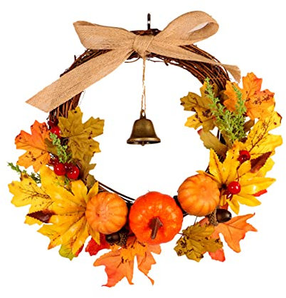 Timpfee Corona autunnale da 30,5 cm, per Halloween, zucca autunnale con campana, ghirlanda per porta d'ingresso, accessori per la decorazione del raccolto, accessori per interni ed esterni