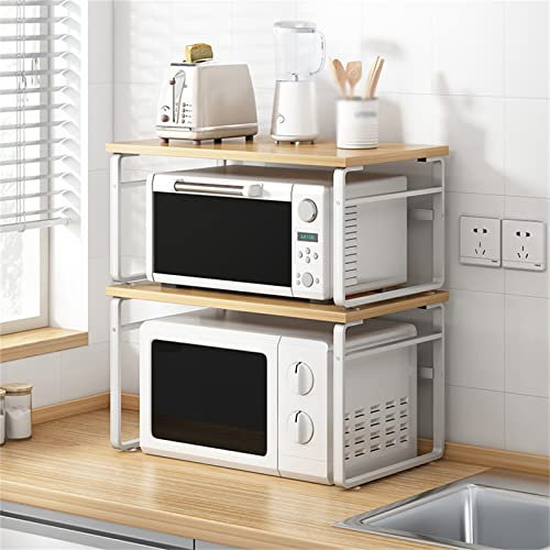 GXDHOME 2 Tiers Stainless Steel Microwave Stand Expandable Microwave Oven Rack Shelf Utility Kitchen Countertop Storage Organizer Shelf Space-Saving Kitchen Shelving For Oven Toaster Storage Rack