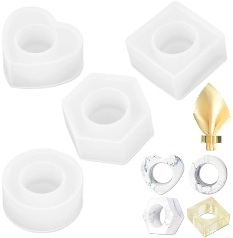 Serviettenringe Harzform 4er Set, Epoxidharz Gießform Herz Sechseck Quadrat Runde Form Box Silikonform für DIY Schmuck Bastelbedarf