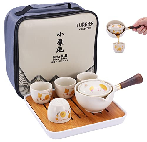 LURRIER Porcelain Chinese Gongfu Tea Set,Portable Teapot Set with 360 Rotation Tea maker and Infuser,Portable All in One Gift Bag for Travel,Home,Gifting,Outdoor and Office (Kitty Cat)