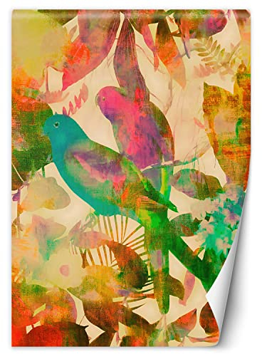 Feeby Fototapete 3D Papageien Blätter Blumen 100x140 cm Orange Vlies Wandtapete Tapeten Wohnzimmer Schlafzimmer Büro Flur Moderne Design Wandbilder Wand Dekoration Exotisch Dschungel Tropen