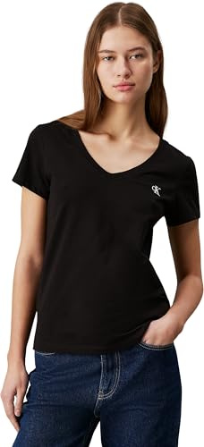 Calvin Klein Damen T-Shirt Kurzarm Ck Embroidery V-Ausschnitt, Schwarz (Ck Black), XXL