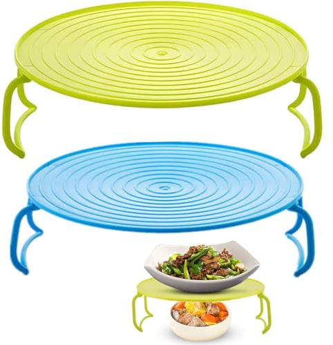 2 Pieces Microwave Folding Tray Multipurpose Oven Plate with Handle Steaming Shelf Baking Rack Anti-Slip Heating Layered Cooking Organiser for Hot Food, Plates, and Dishes (Blue&Green)
