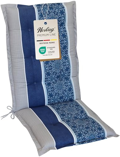 Herlag Gartenmöbelauflage Valeria Hochlehner 123x50x7,5cm | Sitzauflage Mandala-Muster | Polsterauflage Klappsessel | Gartenstuhlauflage Design-Edition | Öko Tex 100 | 1 Polster | Blau Streifen