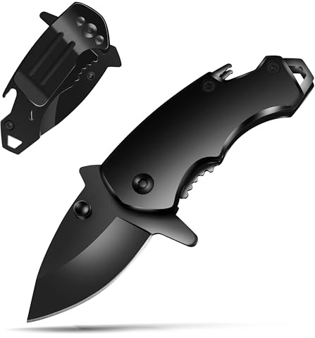 Coowolf Small Pocket Knife for men, 1.58 Inch Blade, Black Stainless Steel, Compact Keychain knife with Safety Lock and Clip for Camping, Hiking, Daily Tasks, Mini Folding Box Cutter EDC Gadgets Tools