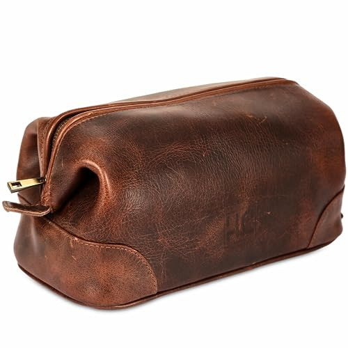 HLC Leder-Kulturbeutel für Herren, Herren, hochwertiges Echtleder, Rasierset, Organizer, Reisetasche, Tasche für Herren, große Größe, Braun, Kulturbeutel für Herren
