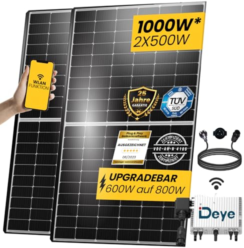 EPP.Solar 1000W Balkonkraftwerk - Solaranlage Komplettset mit 500W Bifazial Modul Black/Silber Rahmen, Neu Generation Upgradefähiger 800W Deye Wechselrichter mit Relais, 3m Schukostecker