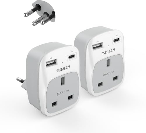 TESSAN UK to Swiss Plug Adapter, Type J Switzerland Plug with USB C | Grounded Type J Swiss Adapter with 2 USB (1 USB C), Swiss Travel Adaptor for Jordan, Liechtenstein, Madagascar, Rwanda