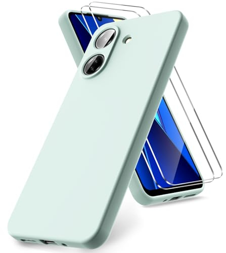 Vansdon Funda Compatible con Xiaomi Poco C65 / Redmi 13C, 2 Unidades Protector Pantalla Cristal Templado, Silicona Líquida Gel Ultra Suave Funda- Menta