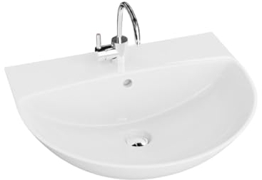 LAVITA Hängewaschbecken Corel | Waschbecken hängend | Waschtisch Rund | Waschbecken mit Überlauf und Hahnloch | Hochwertige Keramik | Badezimmer | 56x47x19 cm | Weiß Glanz