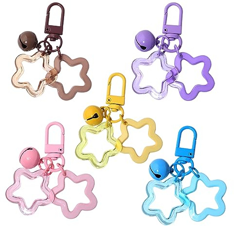 5 Stück Stern Schlüsselanhänger,Süßigkeiten Farbe Acryl Pentagramm Schlüsselband Cute Sterne Glocke Schlüsselringe Fünfzackiger Sterne Charms Anhänger Keychain für Frauen Männer Schlüsselanhänger Auto