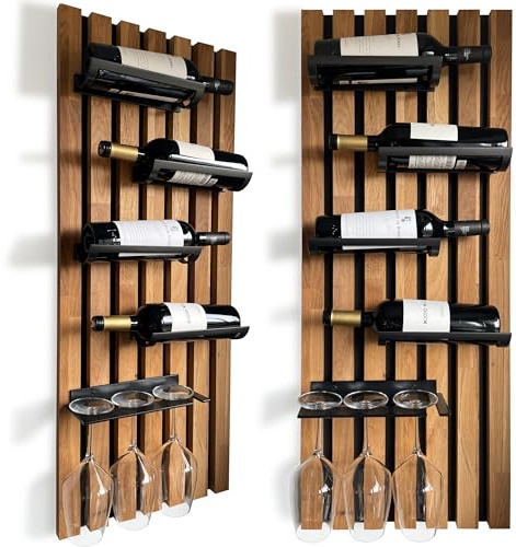 FLEXISTYLE Weinregale aus Holz flaschengestell schwarz Wand für die Wand wandmontage küche Metall Holz 40 cm breit groß (98x40 4 Flaschen & Gläser)