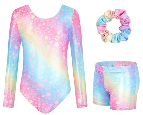 JiAmy Leotards for Girls Gymnastics, Long Sleeve Sparkly Dance Biketards with Shorts Ballet Tumbling Outfit Star Colored 8-9 years