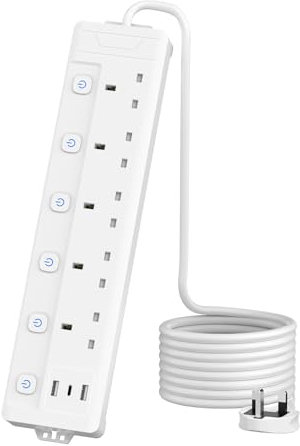 4M Extension Lead 5 Way with 3 USB Slots (2 USB-A,1 USB-C), Individually Switched, White 4 Metre Extension Lead, For Home Dorm Office