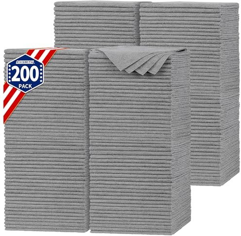 FIXSMITH Shop Towels, Pack of 200, Grey Microfiber Cleaning Cloth Bulk, Microfiber Towels for Cars, All-Purpose Absorbent Cleaning Rags, Dust Cloth for Automotive, Mechanic, Garage, 11.5 x 11.5 inch