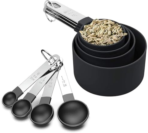 Black Measuring Tools 8-Piece - 4 Measuring Cups / 4 Measuring Spoons Nylon Measuring Cup and Spoon with Metal Handles for Liquids and Solids