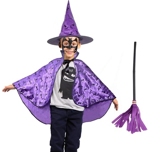 JINGTOPS Capa de Brujo Niño, Complementos de Halloween, Disfraz de Mago Con Escoba y Gorro de Bruja, Para Niños y Niñas, Cosplay, Carnaval, Mascarada, Fiesta