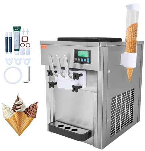 VEVOR Kommerzielle Eismaschine, 1800 W, 3-Geschmacksrichtungen, Softeismaschine Arbeitsplatte, 2 x 4 L Trichter, 2 x 1,8 L Zylinder, LCD-Bildschirm, Automatische Reinigung, Vorkühlung