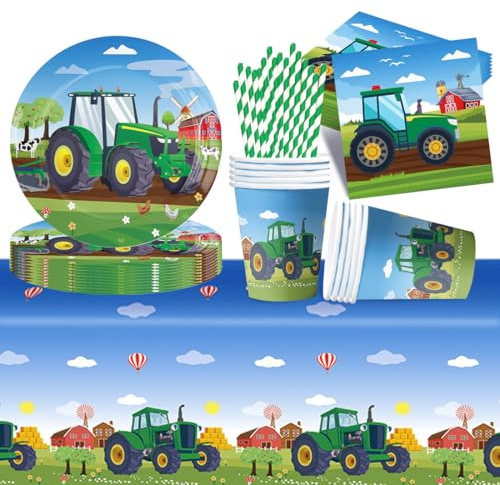 69 Stück Traktor Partygeschirr Kindergeburtstag für 16 Gäste, Trecker Geburtstag Geschirrset, Traktor Party Deko, Trak tor Pappteller Becher Servietten Tischtücher für Kindergeburtstag Deko