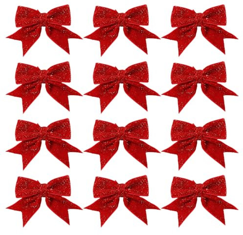 Lyqaq 12 Pcs Red Bows for Christmas Tree,Red Velvet Bows for Christmas Trees Christmas Glitter Wreaths Bow,Sequin Bow Ties Christmas Bow for Wreaths,Garland,Xmas Tree Decorations