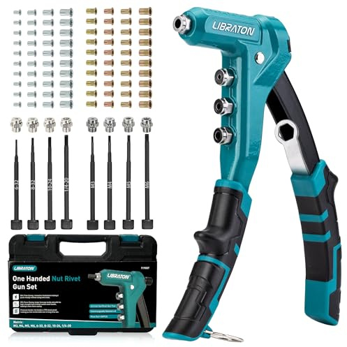 LIBRATON Herramienta para Remachar Tuercas de 9,5, Pistola para Remachar Tuercas con Una Sola Mano con 80 Tuercas Roscadas, 8 Mandriles Intercambiables, Métricas M3-M6, SAE 6-32 a 1/4-20, con Caja