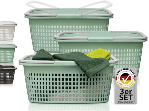 Hausfelder Wäschekorb 3er Set 35L Jadegrün, 58x37x25cm | 3 Stapelbare Wäschekörbe Plastik mit Henkel 58x37x25cm, BPA-frei, Wäschesammler Klein für Bad
