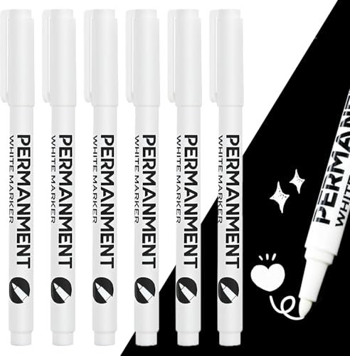 QILUCKY 6Pcs White Marker Pen,2mm Permanent Marker Pens,Waterproof and Quick Drying White Permanent Marker Pen for Metal, Glass, Ceramics, Wood, Cardboard Boxes