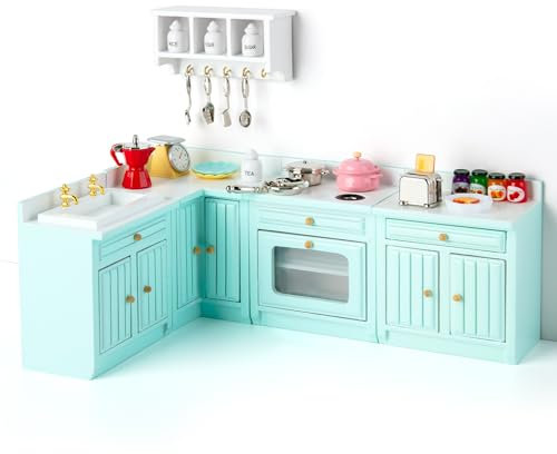 Minamzee 1:12 Dollhouses Kitchen Furniture Set, 30pcs Wooden Miniature Side Cabinet Set, Wall cabinet,Kitchenware, Dining Accessories for Mini Dollhouse kitchen