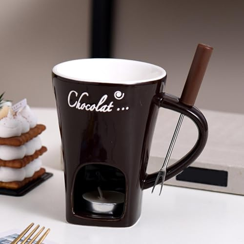 Zibeem Chocolate Fondue Mug Set - Ceramic Chocolate Melting Cup with Forks & Candle | Personal Cheese Melting Cup | Butter Warmers Pot Simmer Mug for Caramel,200ml Capacity