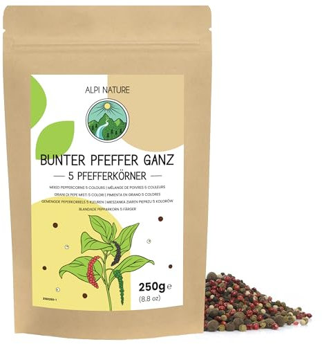 Alpi Nature Poivre 5 baies en grain 250g, Mélange d'Épices de 5 Couleurs, Poivre Noir, Blanc, Vert, Rose et Piment de la Jamaïque