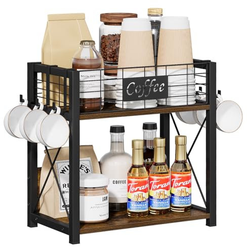 VYUOL Organizador de barra de café de 2 niveles, soporte para tazas de café, estante de estación de encimera para oficina en casa, estante de almacenamiento de accesorios de café con 6 ganchos