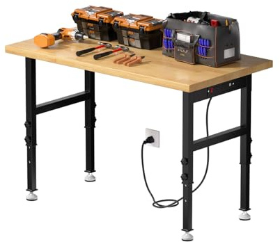Granper 48 Heavy Duty Solid Wood Work Bench, Work Table Power Outlet, Portable Garage Workbench with Adjustable Leveling Feet, 3000 LBS Load Capacity, Rolling Workbench for Workshop, Office, Home