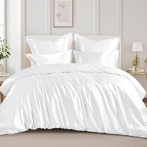 RUIKASI Juego de ropa de cama de satén de 200 x 220 cm, color blanco y sedoso, funda nórdica de lujo con brillo como la seda para el cabello y la piel, brillante, ropa de cama de 200 x 220 cm con
