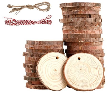 40 Stück Holzscheiben 5-6 cm,Rund Holzscheiben zum Basteln mit zwei Baumwollschnüren,Holzscheibe aus Holz mit Löchern,Baumscheiben Unvollendete,für,Basteln,Hochzeiten,Feiertagsdekorationen (5-6CM)