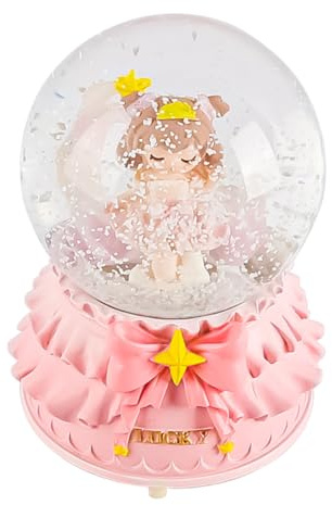 Ieron Boule à Neige Musicale rotative Princesse avec lumières Scintillantes et Base Musicale Globe en Verre de 8 cm Décoration Boîte à Musique (Base Ourlet Robe Rose)