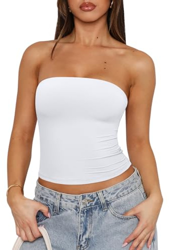 REORIA Women's Strapless Tube Top Double Lined Cute Y2K Backless Bandeau Crop Tnak Tops for Sexy Going Out Outfits Trendy Summer Clothes 2026 White X-Small