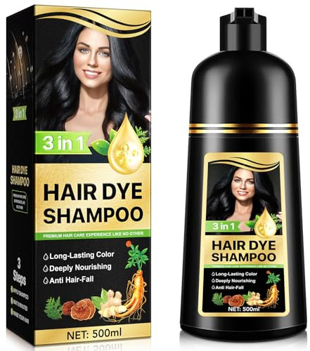 Shampoo colorante per capelli neri 3 in 1 - Colorazione naturale a base di erbe per copertura dei capelli grigi, risultati sostenibili, nutrienti per donne e uomini, 500 ml