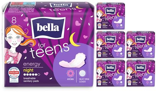 bella for Teens Ultra Binden Energy für die Nacht | dermatest: EXCELLENT | ultradünne Binden für Teenager im 6er Pack (6 x 8 Stück) | mit Flügeln und Frischeduft für erholsame Nächte ohne Sorgen