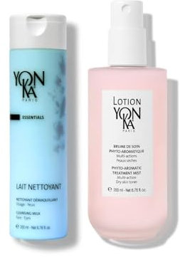 Rituel Essentiel Nettoyant & Vivifiant - Yonka Duo Pack 200ml Lotion Tonique & 200ml Lait Nettoyant - Pour Peaux Sèches & Sensibles - Hydrate, Apaise, Purifie - 5 Huiles Essentielles