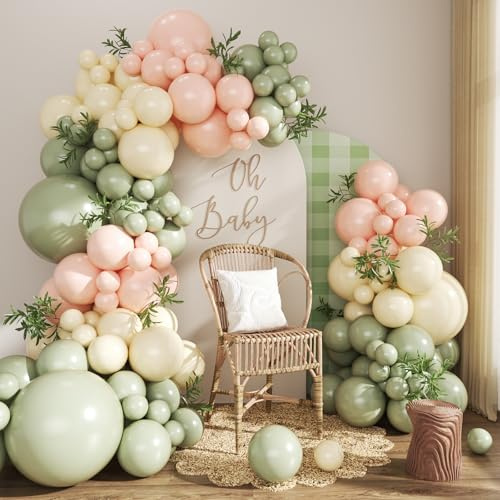 Pink and Green Balloon Arch Kit 124Pcs Sage Green Peach Ivory White Balloons Different Size for Baby Shower Wedding Bridal Shower Birthday Gender Reveal Party Decorations