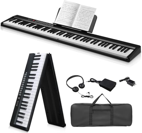 Ktaxon Foldable Piano Keyboard 88 Key Electronic Keyboard Piano with A Portable Bag, Professional Pedal, Stereo Headphones and Smart MIDI Bluetooth Function(Black)