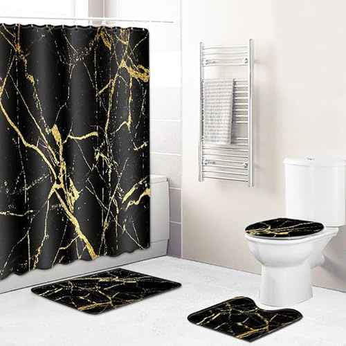 Badematten & Badteppiche Set 4 Teilig Badezimmerteppich Waschbar Badematte rutschfest,Wc Vorleger Mit Ausschnitt Badematte Und Duschvorhang,Badvorleger Toilette Teppich 50×80Cm Schwarzer Marmor