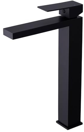 Heable Tall Bathroom Basin Mixer Taps Matte Black Mono Basin Tap Square Cloakroom Faucet with High Spout Modern Single Lever Washroom Faucet High Rise Bathroom Sink Taps with G1/2 Hoses